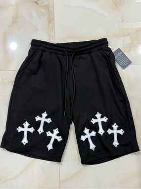 Men's Black Cross-Accent Athletic Shorts with Drawstring Waist